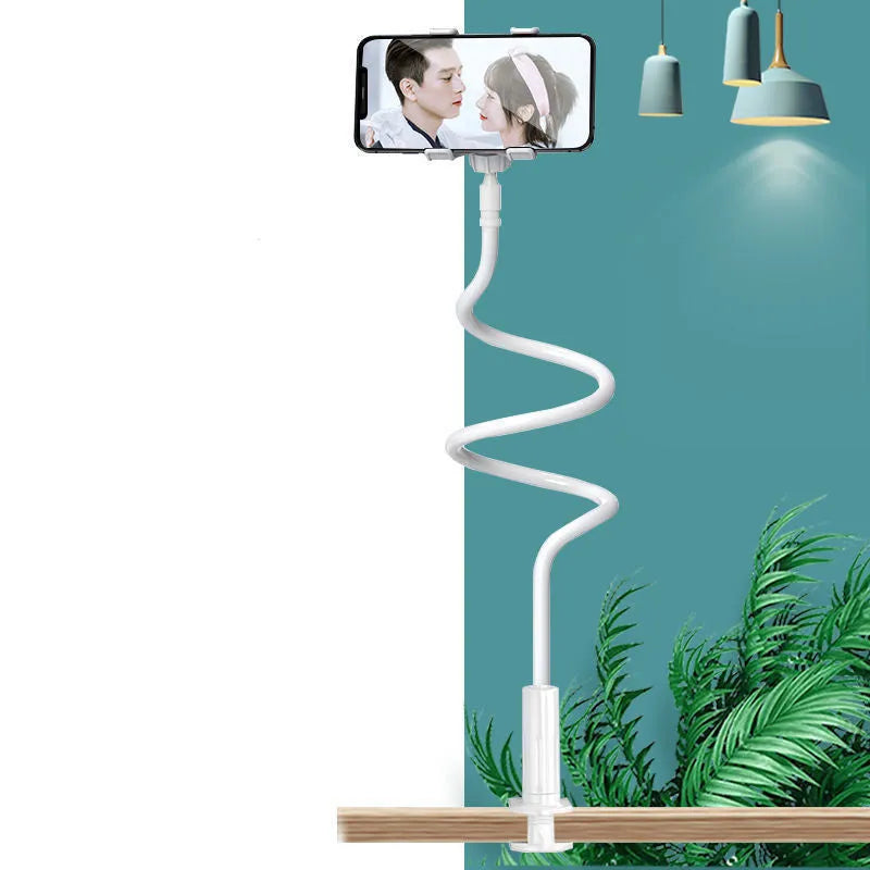 Blue bedside mobile phone holder with bendable memory alloy arm and universal clamp.