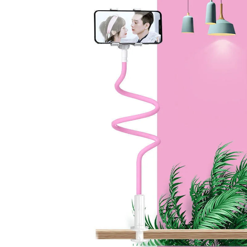 Blue bedside mobile phone holder with bendable memory alloy arm and universal clamp.