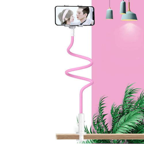 Blue bedside mobile phone holder with bendable memory alloy arm and universal clamp.