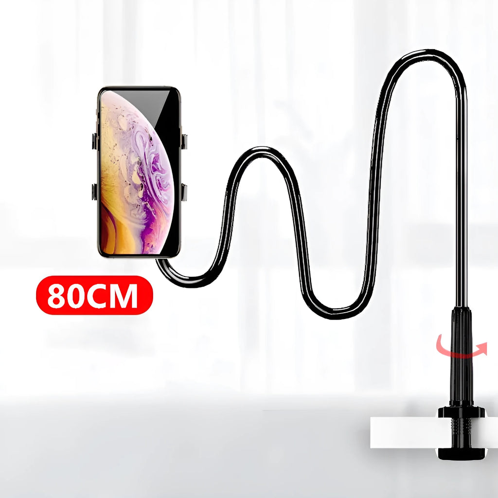 Blue bedside mobile phone holder with bendable memory alloy arm and universal clamp.
