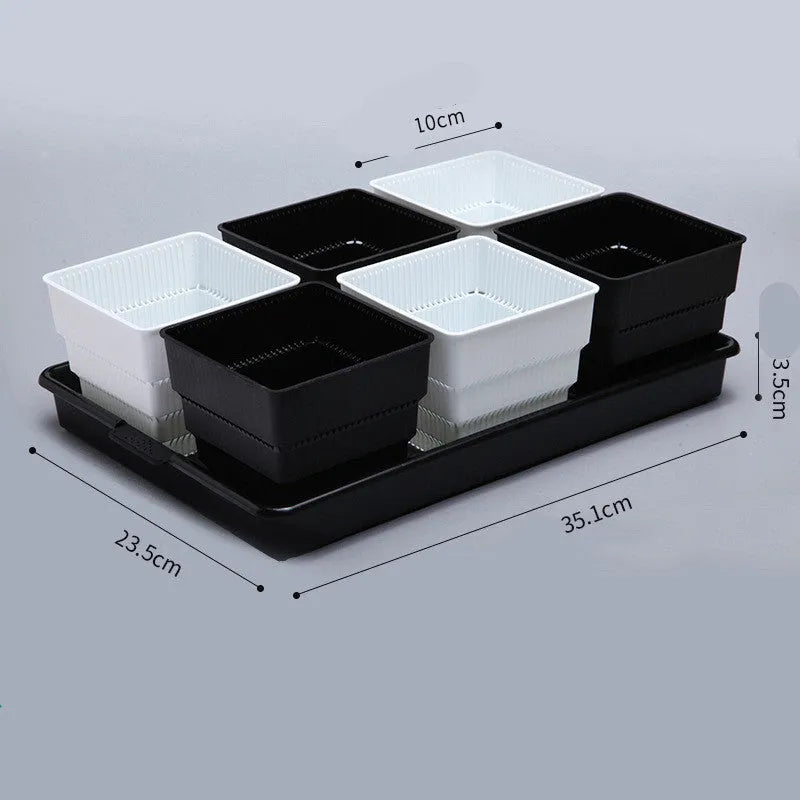 Meishi black and white resin succulent flower pots with plastic tray for indoor plants.