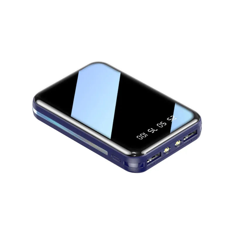 White digital display power bank showing battery percentage with dual USB charging ports