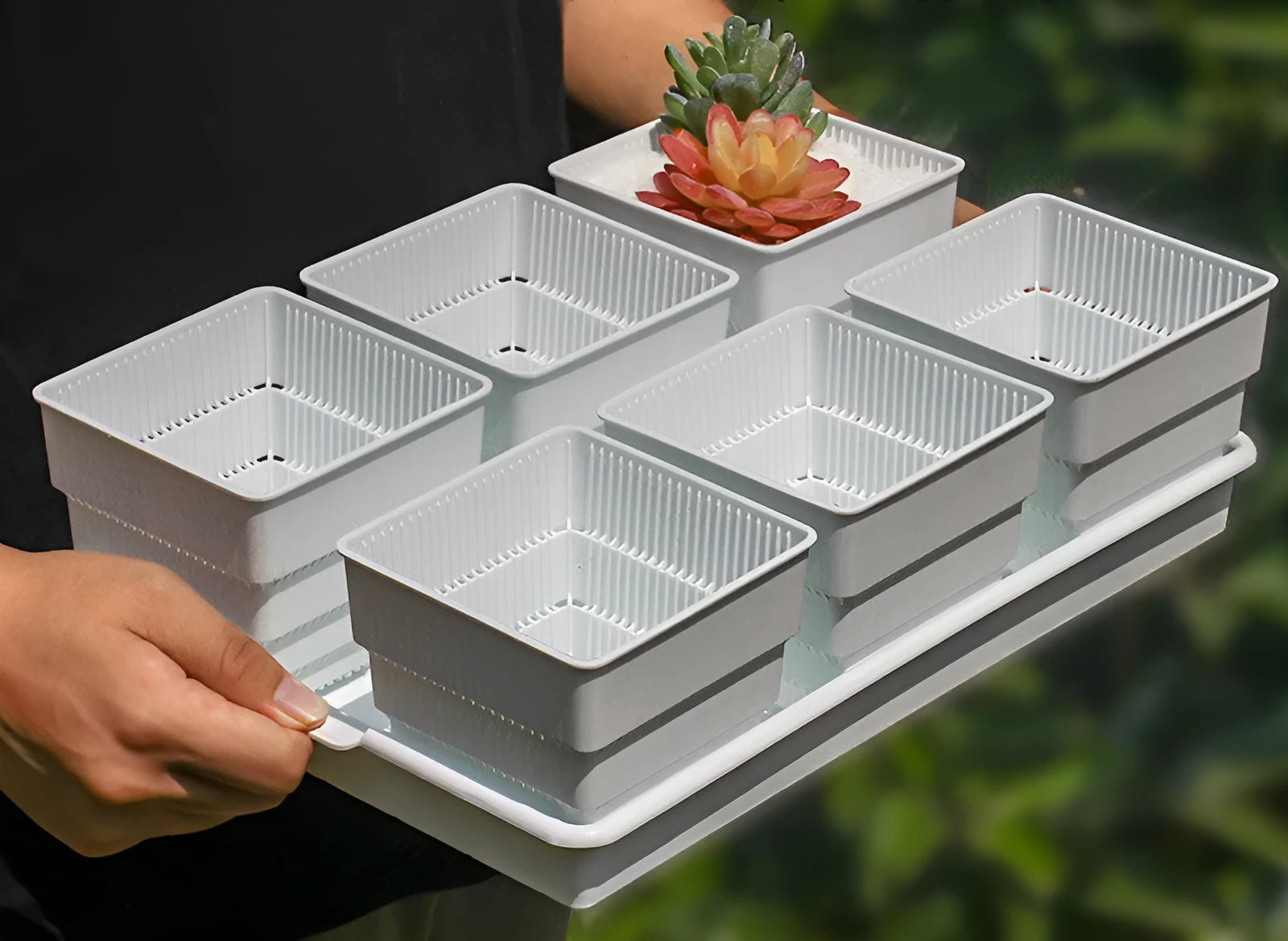 Meishi black and white resin succulent flower pots with plastic tray for indoor plants.
