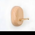 Beech wood adhesive wall hook with brass hook in five shapes: round, capsule, oval, diamond, square