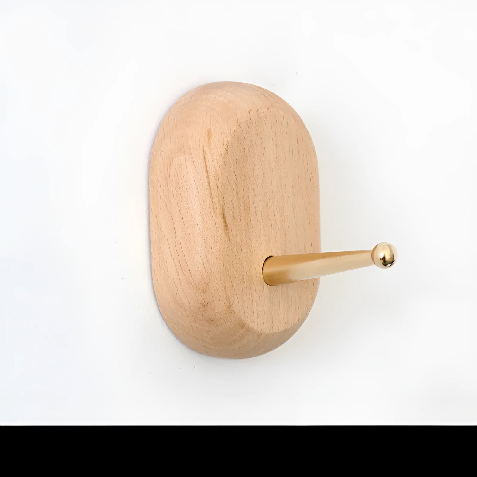 Beech wood adhesive wall hook with brass hook in five shapes: round, capsule, oval, diamond, square