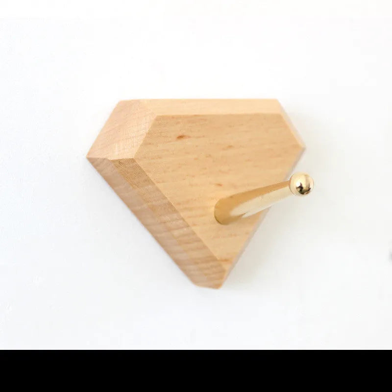 Beech wood adhesive wall hook with brass hook in five shapes: round, capsule, oval, diamond, square