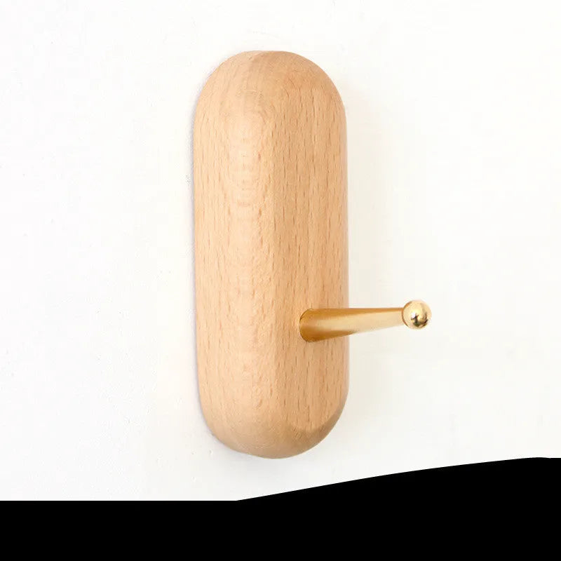 Beech wood adhesive wall hook with brass hook in five shapes: round, capsule, oval, diamond, square