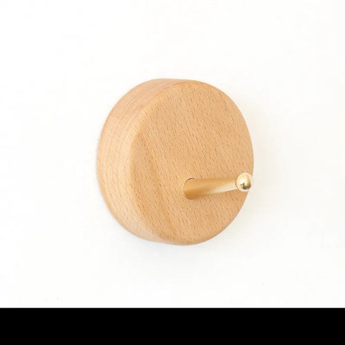 Beech wood adhesive wall hook with brass hook in five shapes: round, capsule, oval, diamond, square