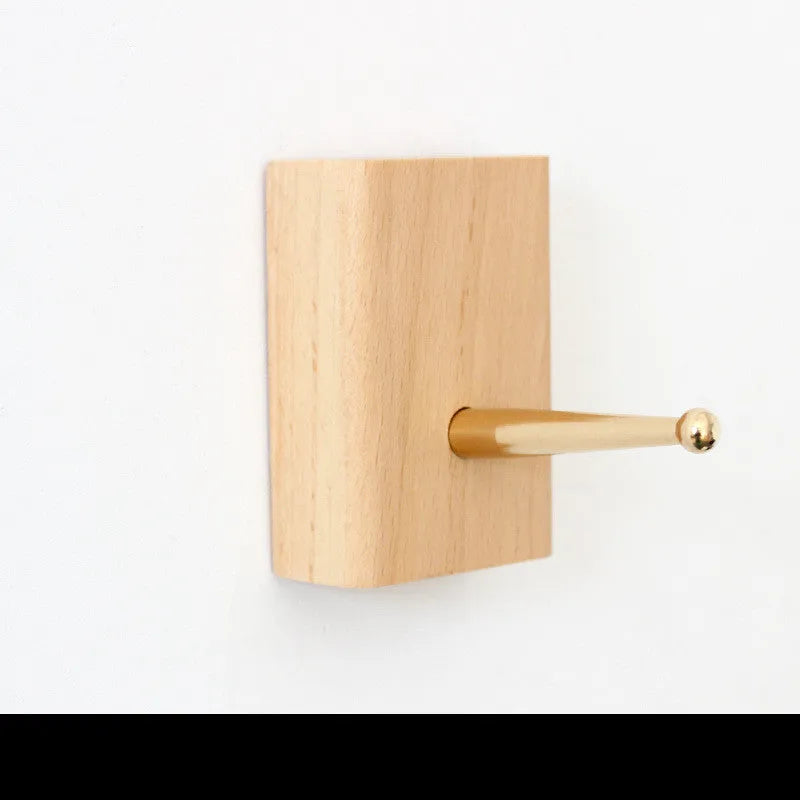 Beech wood adhesive wall hook with brass hook in five shapes: round, capsule, oval, diamond, square