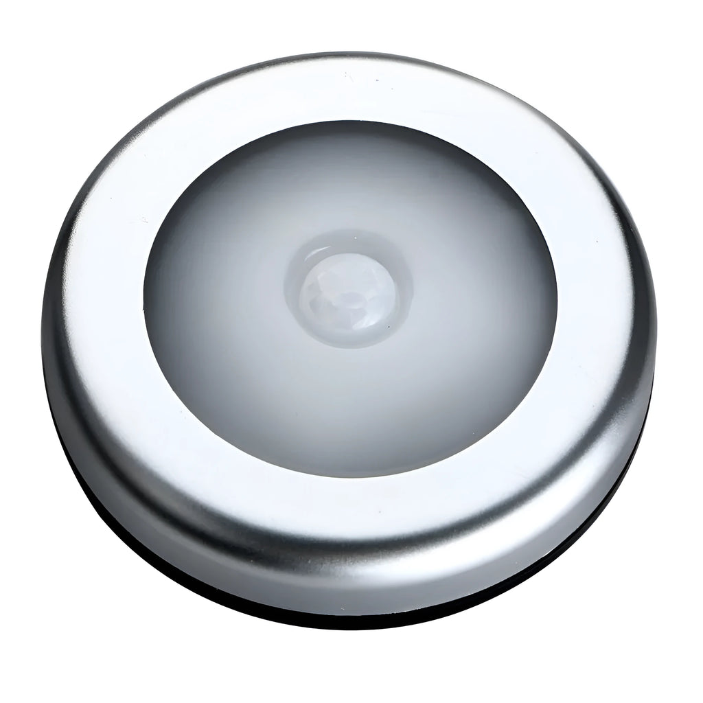 Silver battery-powered wireless motion sensor night light with a square PC plastic lampshade.