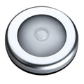 Silver battery-powered wireless motion sensor night light with a square PC plastic lampshade.