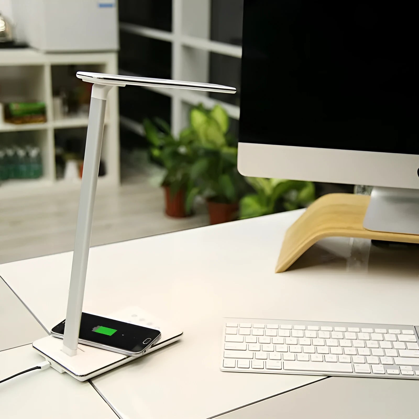 Wireless charging desk lamp with touch controls in black or white colour options