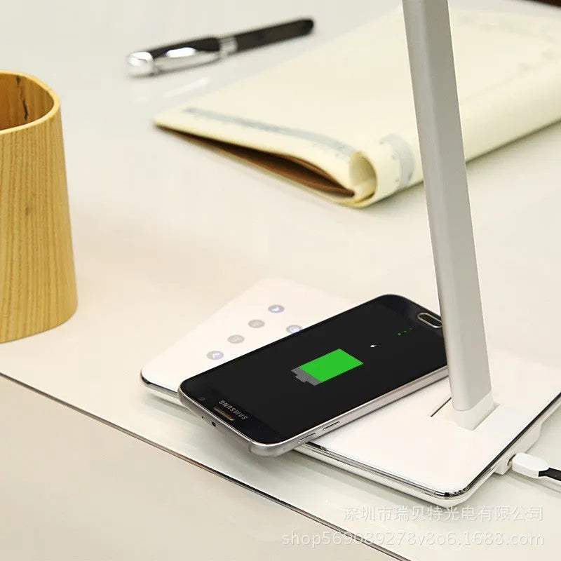 Wireless charging desk lamp with touch controls in black or white colour options