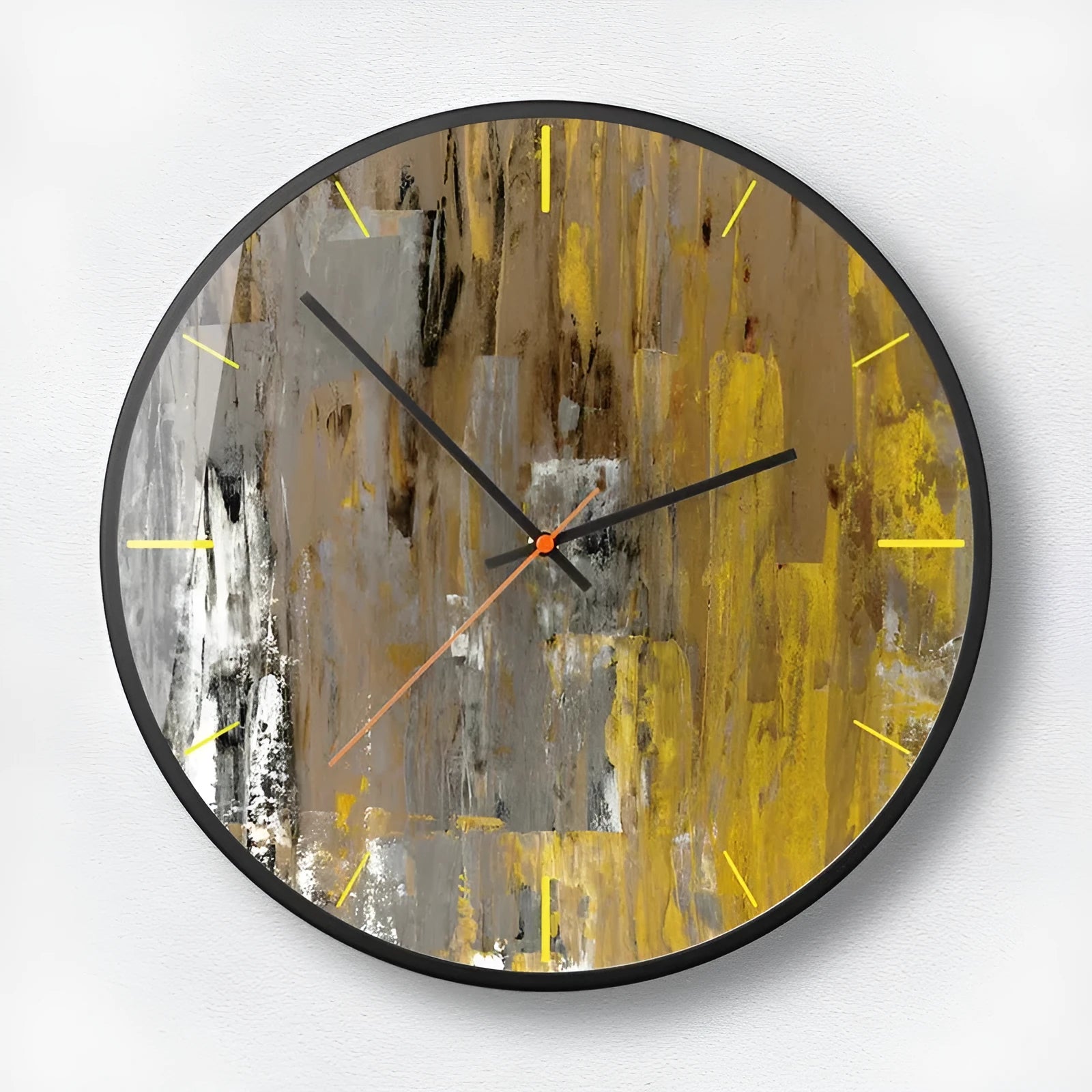 Round abstract art wall clock with metal frame in mysterious black, shown in 12 inch and 14 inch sizes.