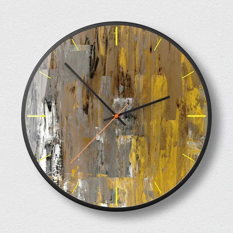 Round abstract art wall clock with metal frame in mysterious black, shown in 12 inch and 14 inch sizes.