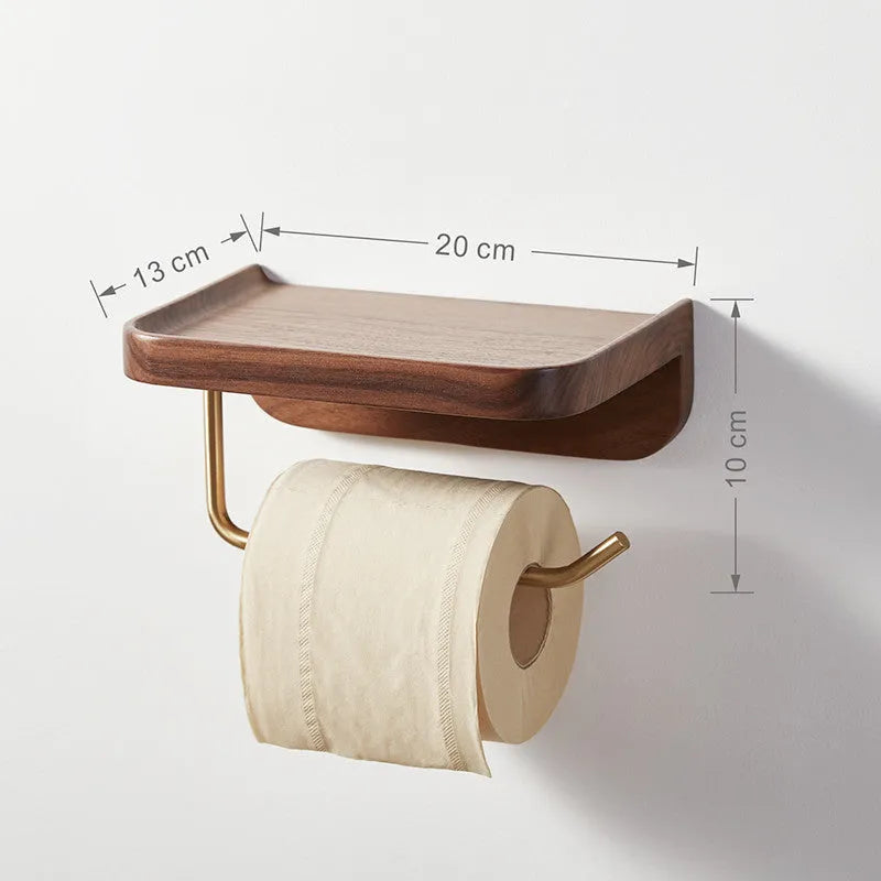 Solid wood wall-mounted paper towel rack with brass hardware in wood colour