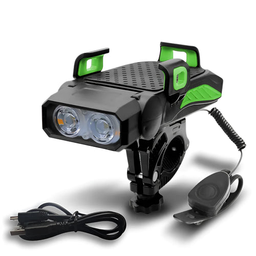 Rechargeable bicycle light in choice of colours mounted on bike handlebars.