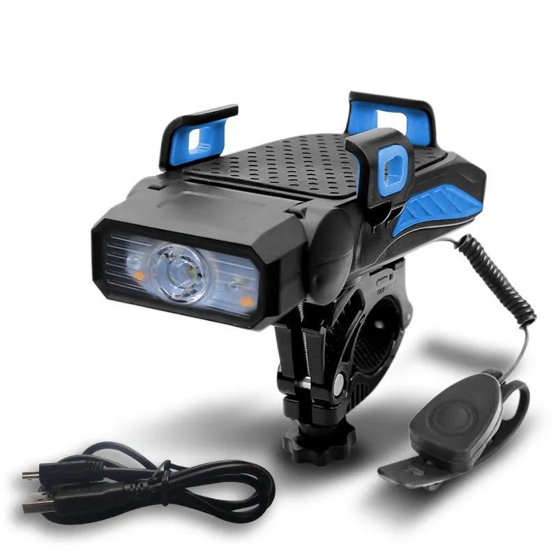 Rechargeable bicycle light in choice of colours mounted on bike handlebars.