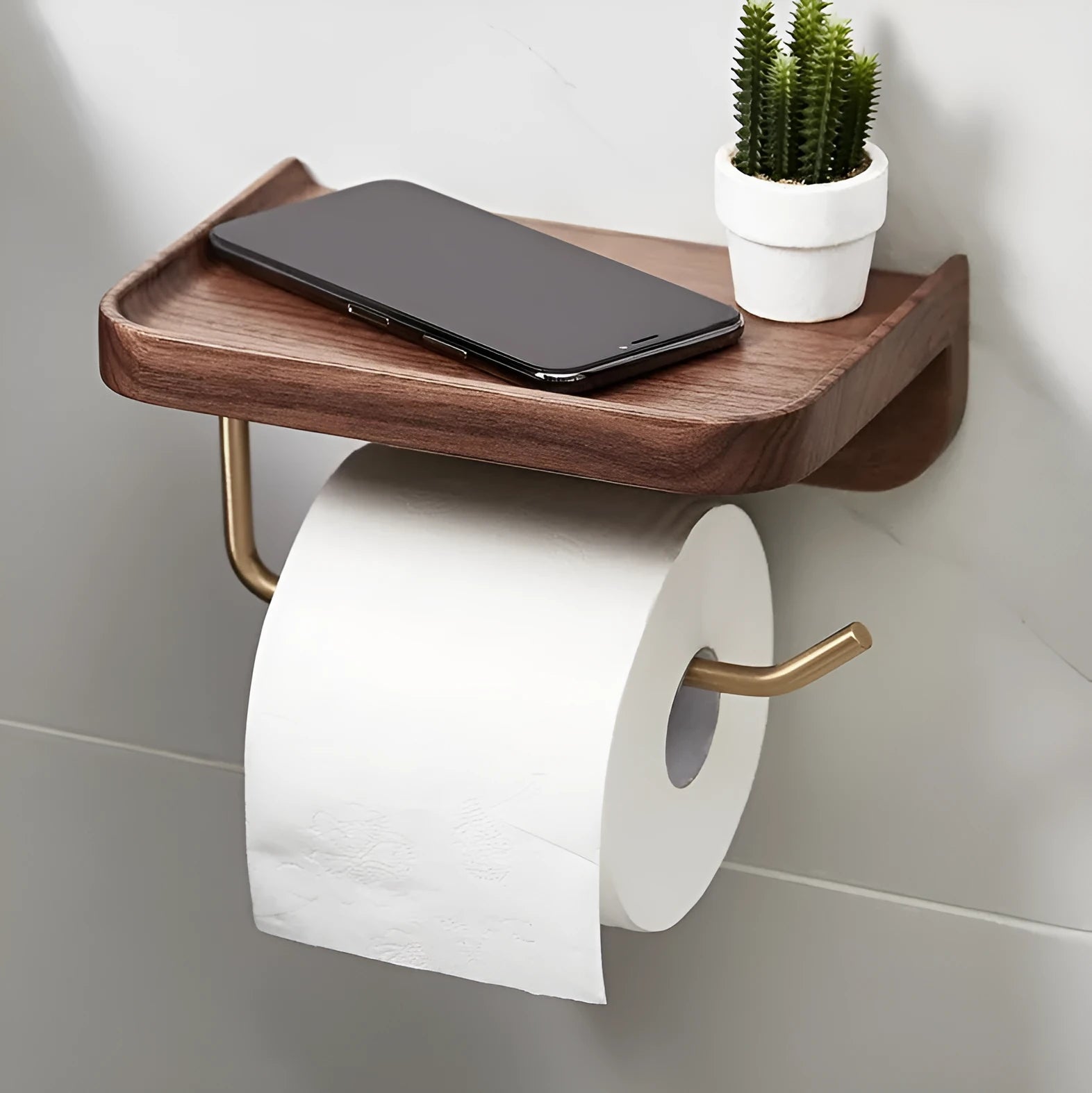 Solid wood wall-mounted paper towel rack with brass hardware in wood colour