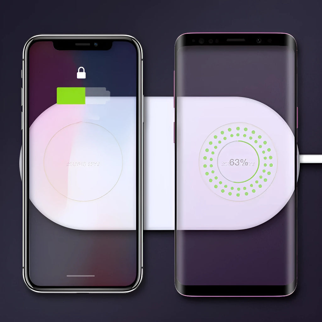 White dual wireless phone charger charging two mobile phones simultaneously