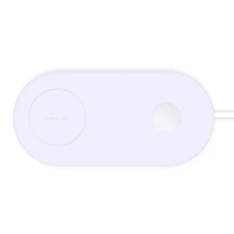 White dual wireless phone charger charging two mobile phones simultaneously