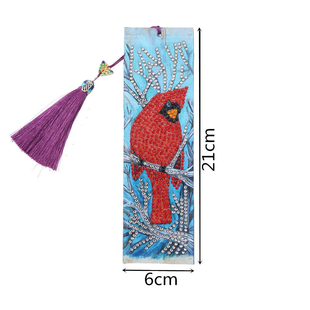 Leather diamond painting bookmark with red bird design, special-shaped diamonds, and attached pendant on a clean background