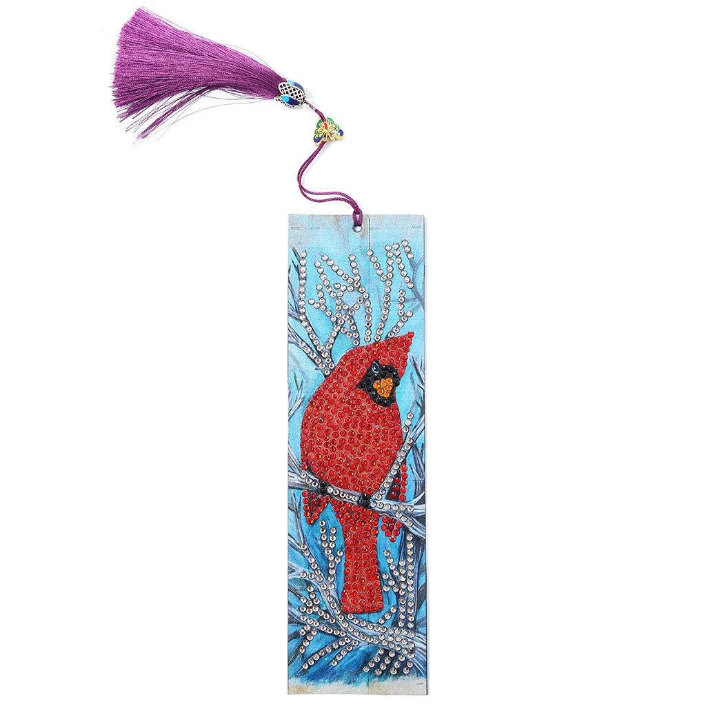 Leather diamond painting bookmark with red bird design, special-shaped diamonds, and attached pendant on a clean background