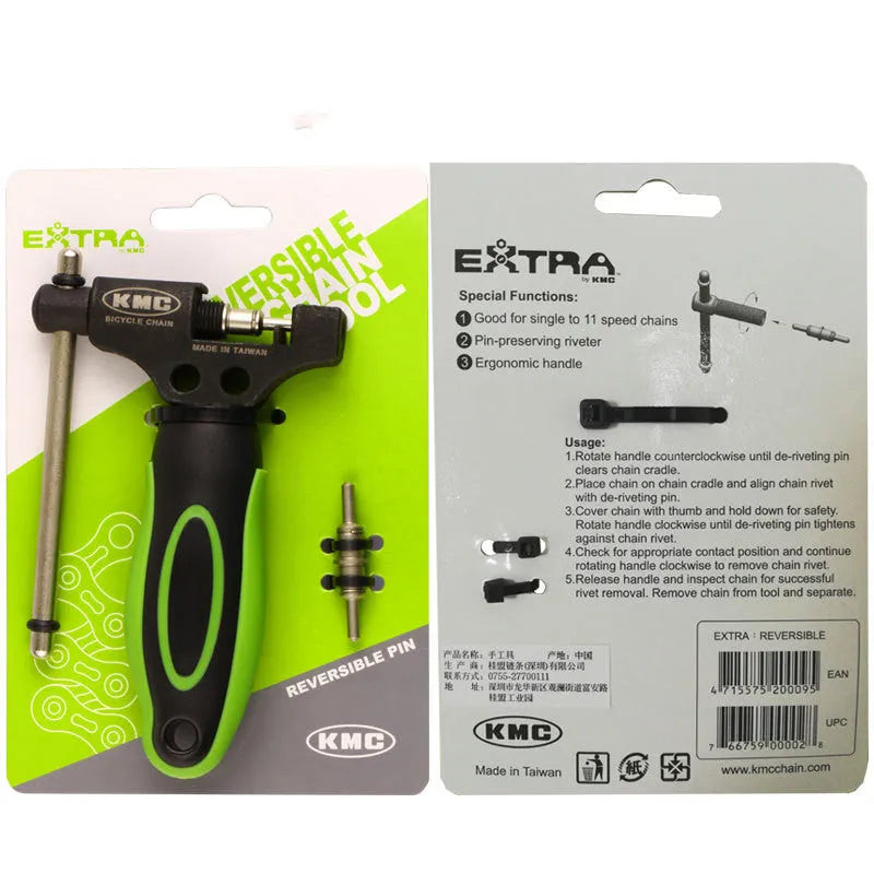 Green steel bicycle chain tool with double shaft chain breaker mechanism for bike maintenance