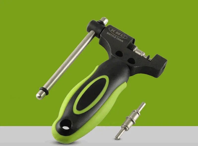 Green steel bicycle chain tool with double shaft chain breaker mechanism for bike maintenance