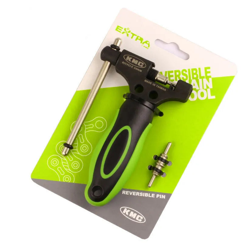 Green steel bicycle chain tool with double shaft chain breaker mechanism for bike maintenance