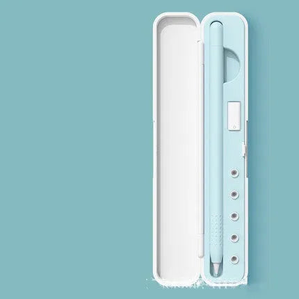 Apple Pencil storage case with hard cover showing black, blue, green and purple colour options