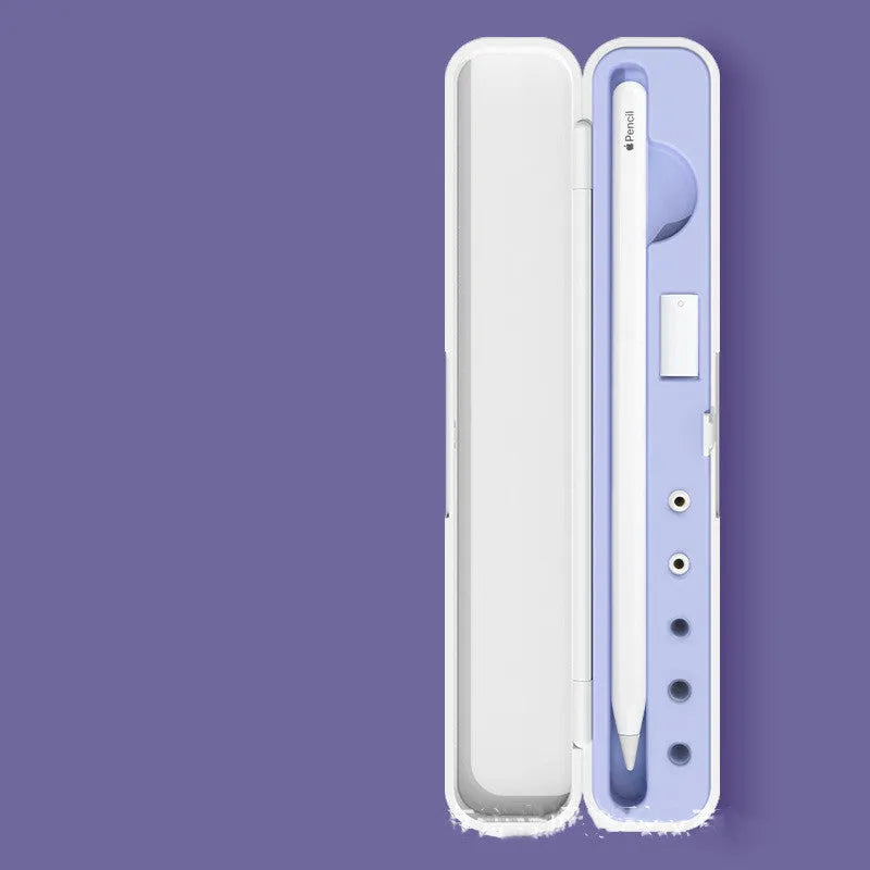 Apple Pencil storage case with hard cover showing black, blue, green and purple colour options