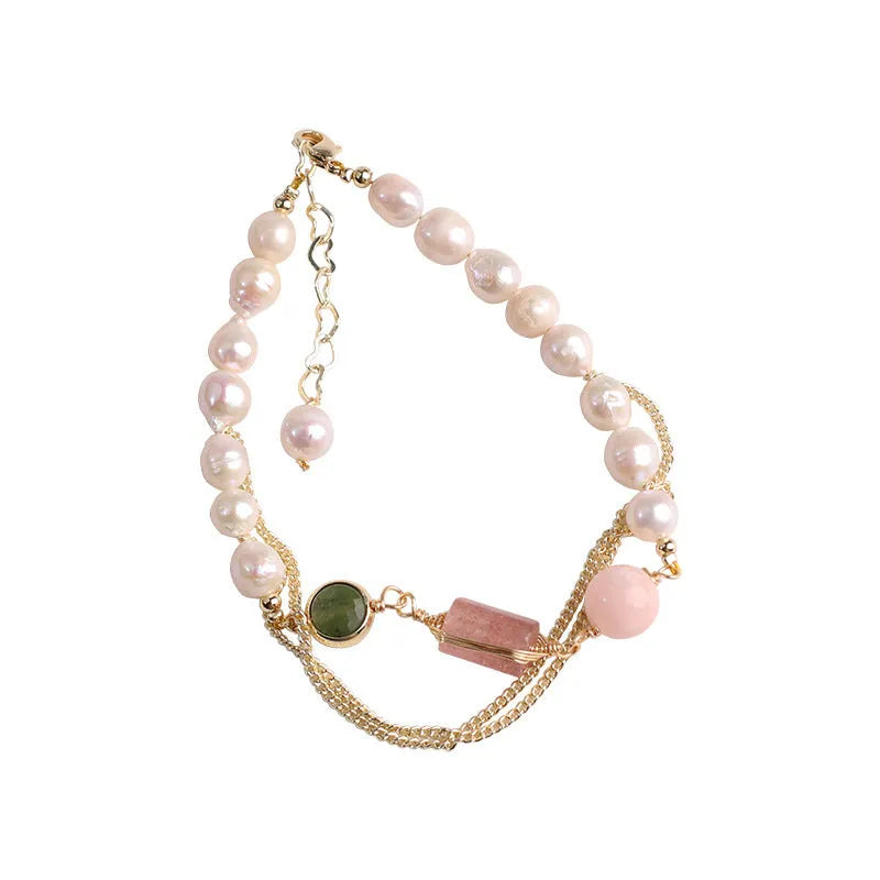 Women's pink freshwater pearl bracelet with geometric strawberry crystal design elements