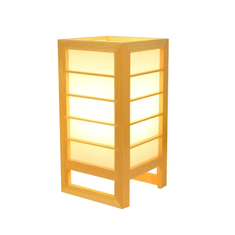 Solid bamboo wood tatami bedside lamp with Korean minimalist design and push-button light switch