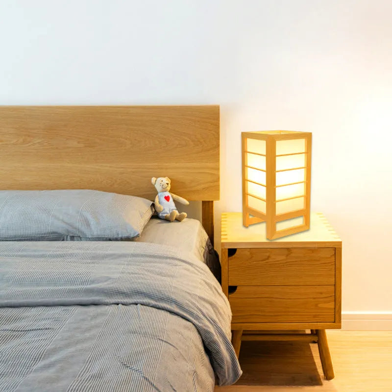 Solid bamboo wood tatami bedside lamp with Korean minimalist design and push-button light switch
