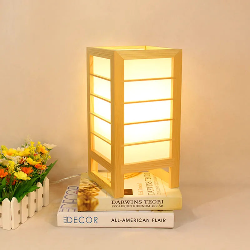 Solid bamboo wood tatami bedside lamp with Korean minimalist design and push-button light switch