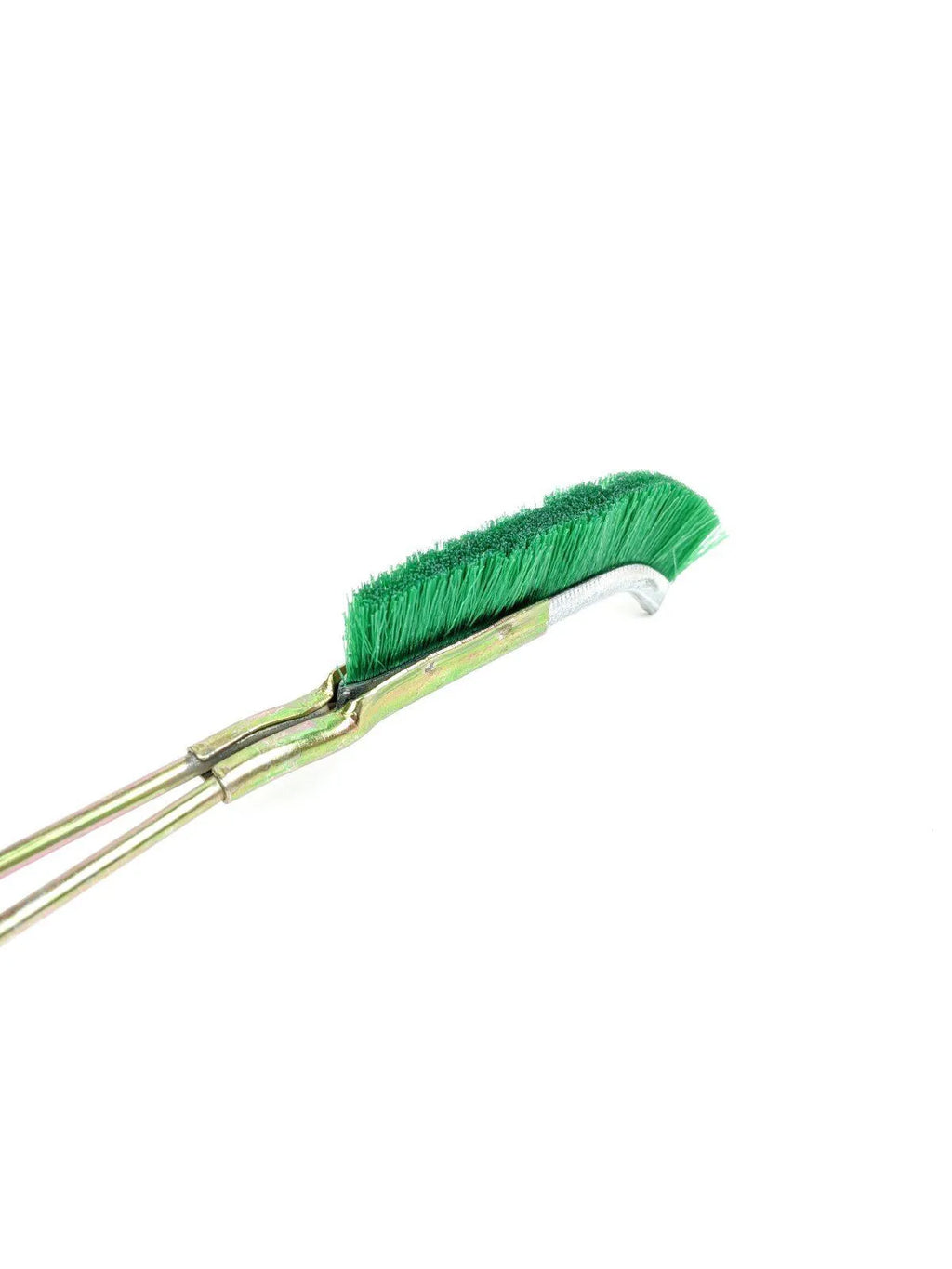 Green metal elbow brush with nylon bristles for cleaning range hoods and removing rust.