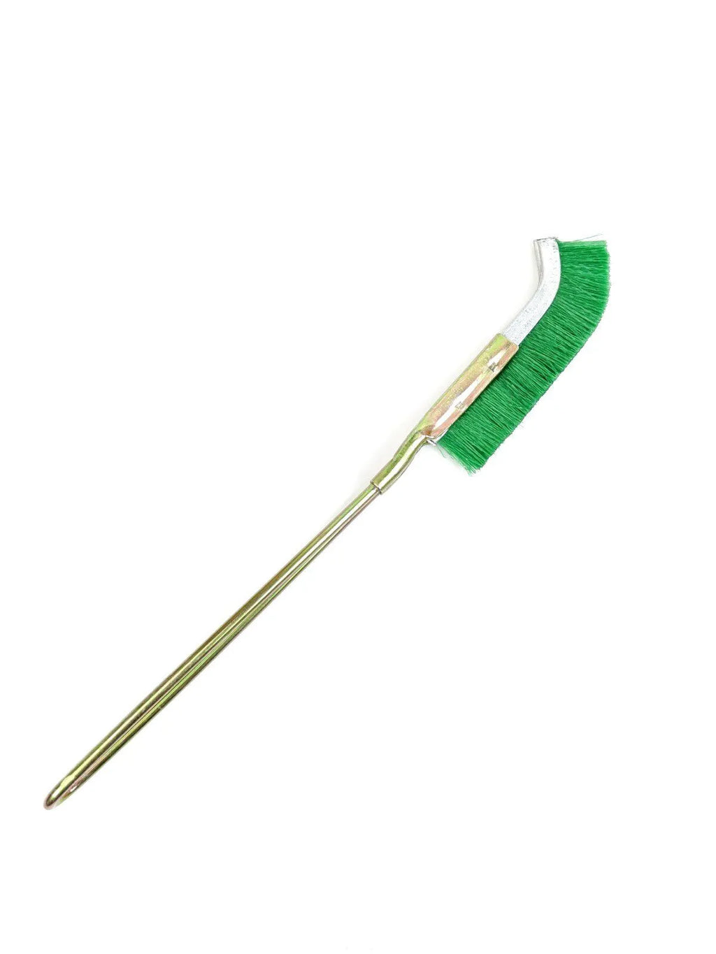 Green metal elbow brush with nylon bristles for cleaning range hoods and removing rust.