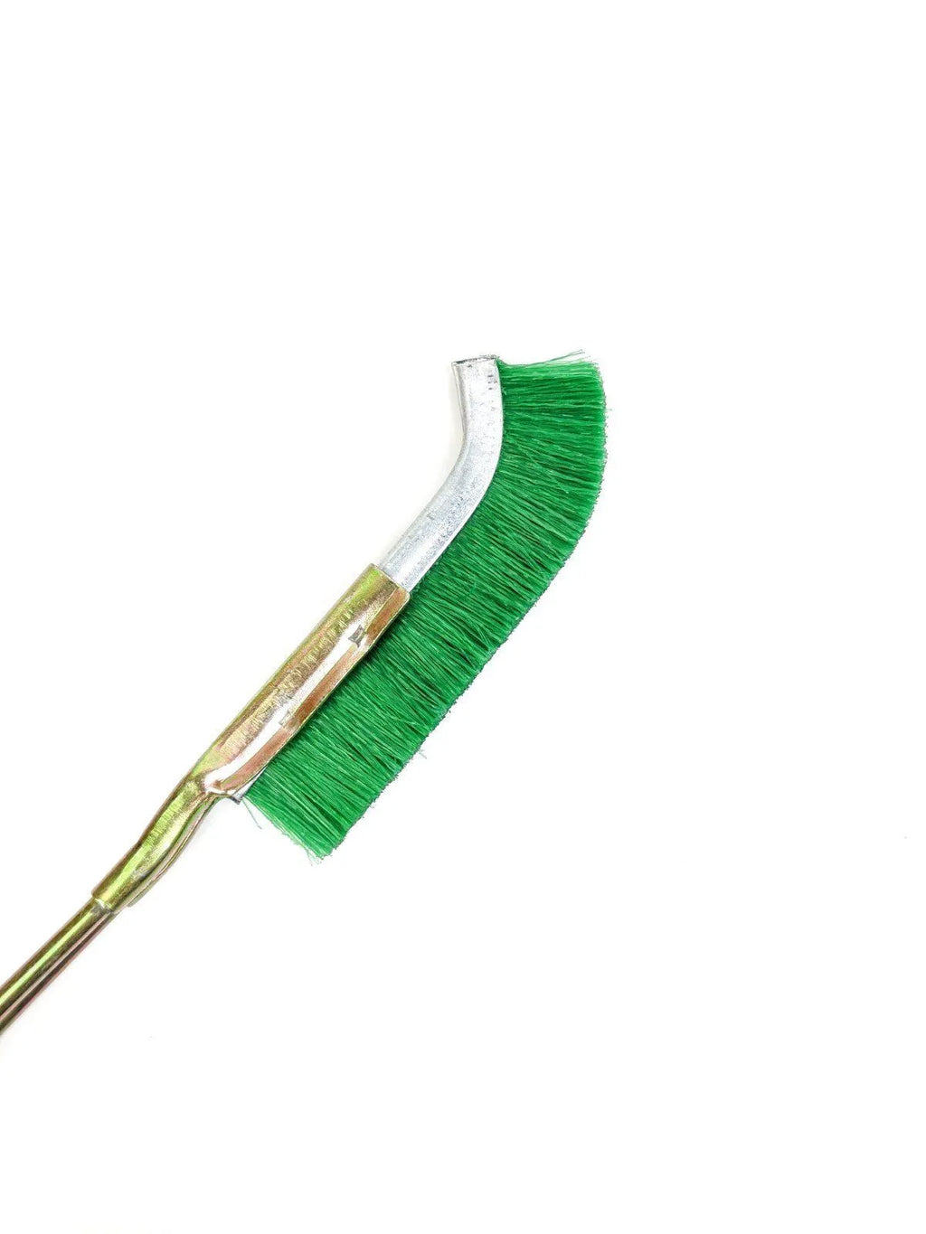 Green metal elbow brush with nylon bristles for cleaning range hoods and removing rust.