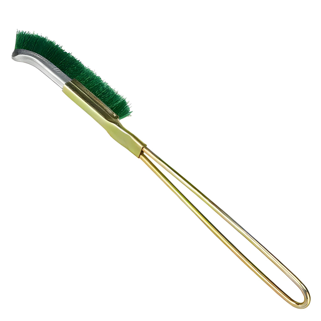 Green metal elbow brush with nylon bristles for cleaning range hoods and removing rust.
