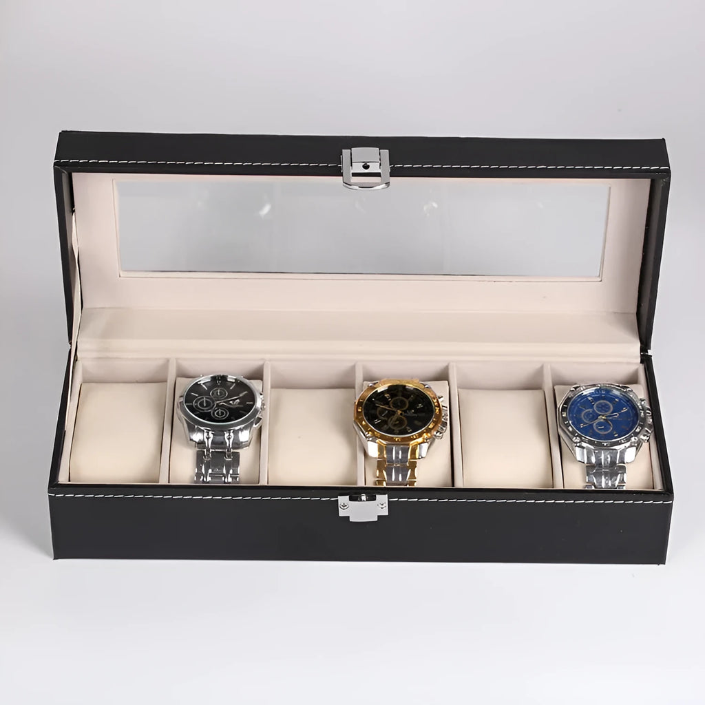 Black wooden watch display box with clear lid showing six individual watch compartments inside.