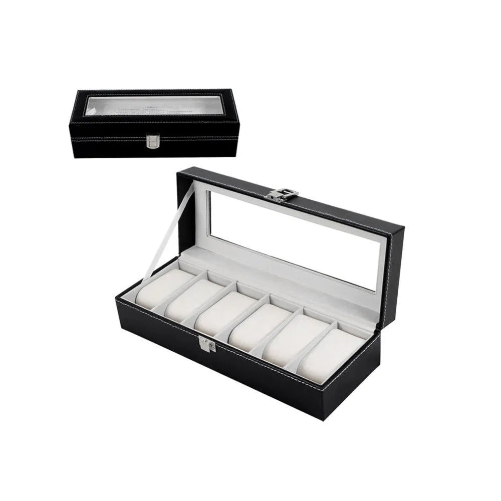 Black wooden watch display box with clear lid showing six individual watch compartments inside.