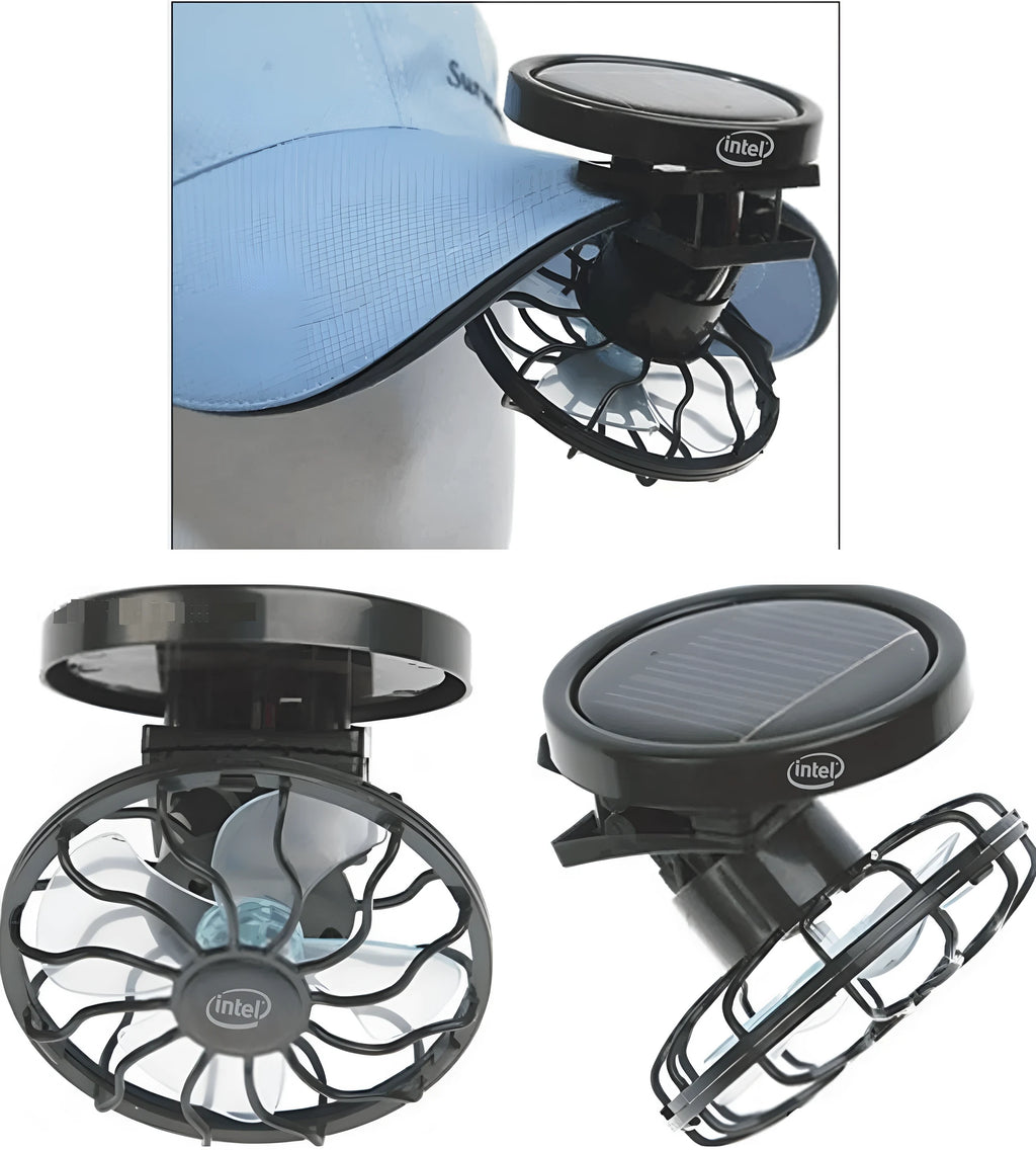 Black solar-powered clip-on cooling fan with solar panel for outdoor camping and fishing use