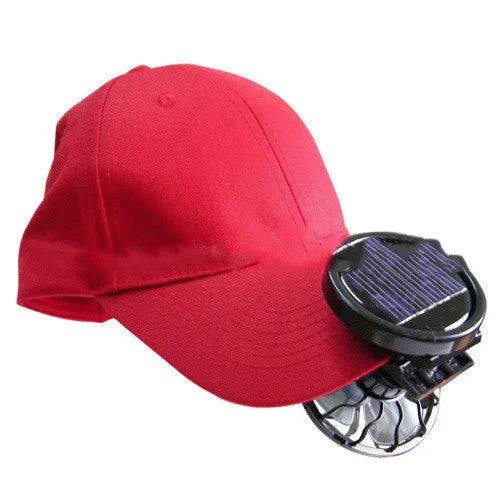Black solar-powered clip-on cooling fan with solar panel for outdoor camping and fishing use