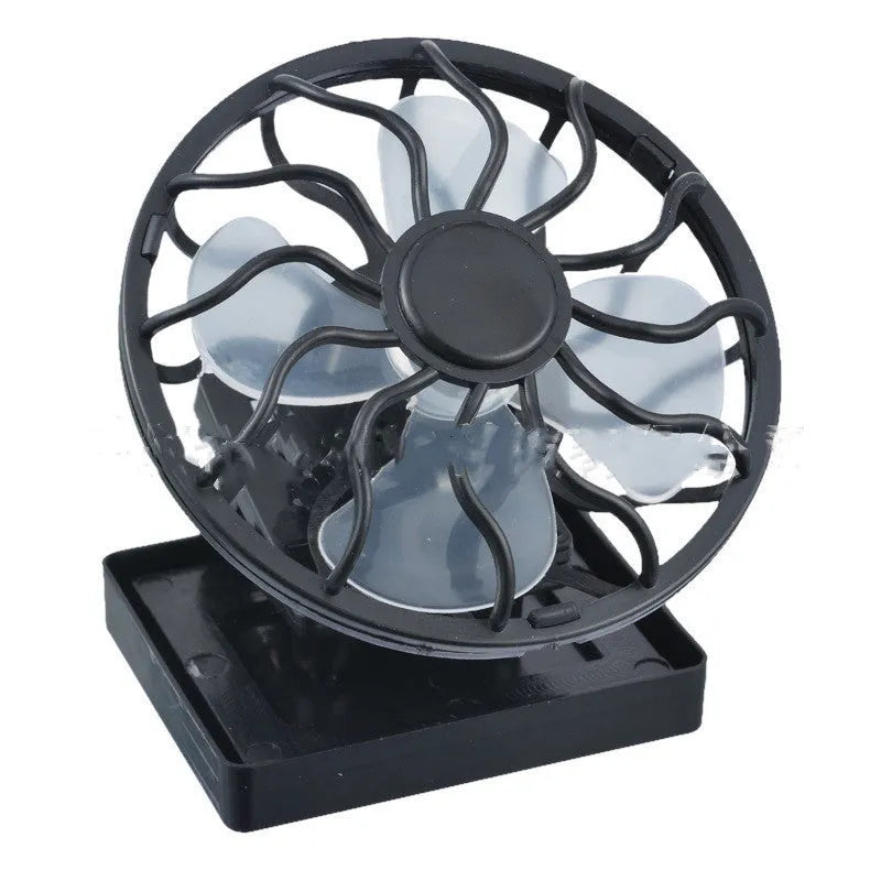 Black solar-powered clip-on cooling fan with solar panel for outdoor camping and fishing use