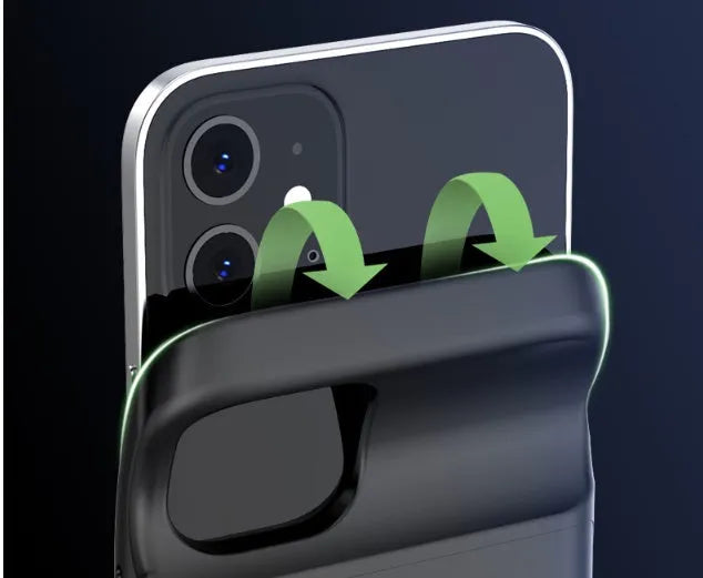 Black ultra-thin TPU soft bag wireless back clip battery for iPhone 12 shown from the side, highlighting its slim profile.