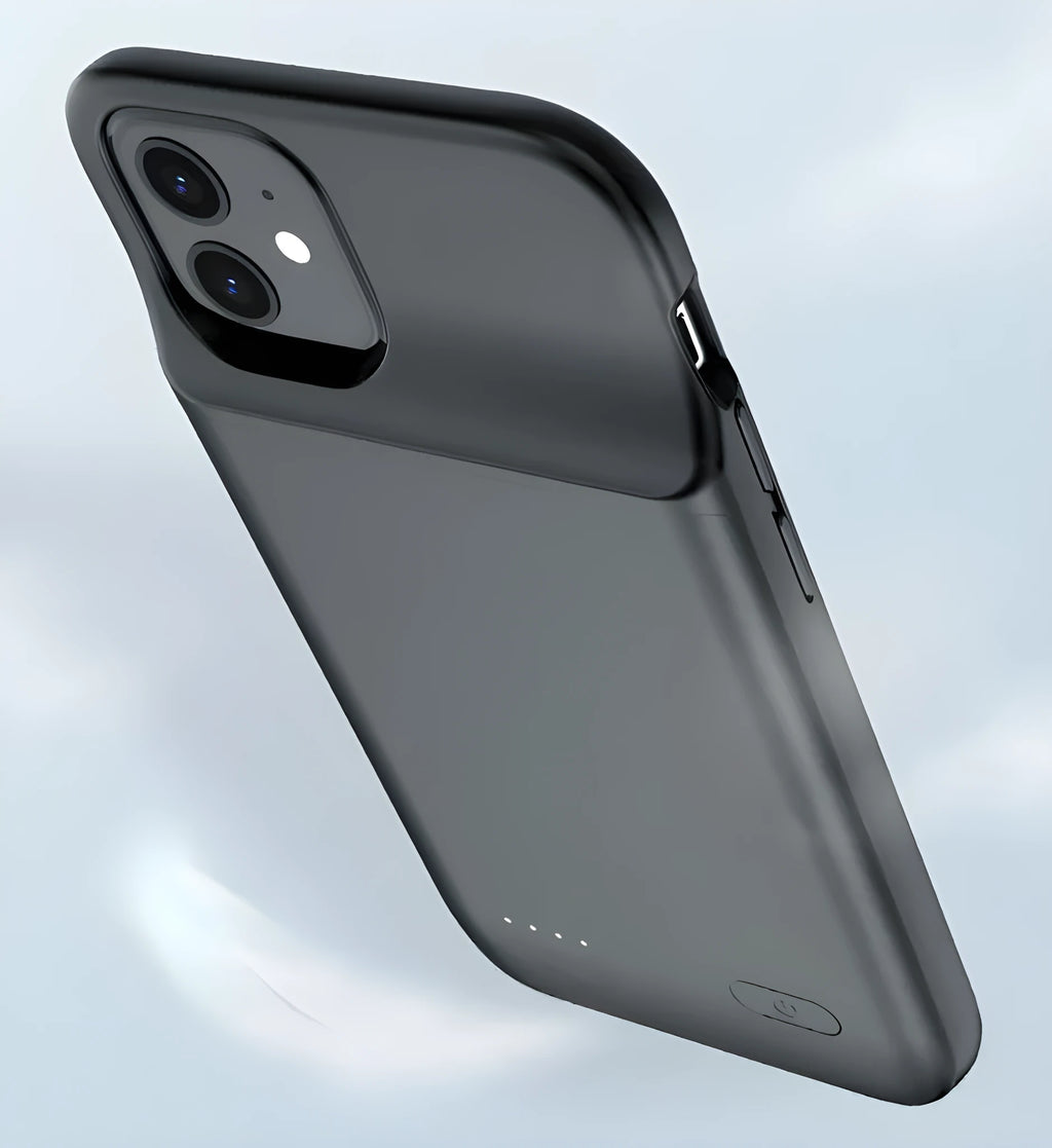 Black ultra-thin TPU soft bag wireless back clip battery for iPhone 12 shown from the side, highlighting its slim profile.