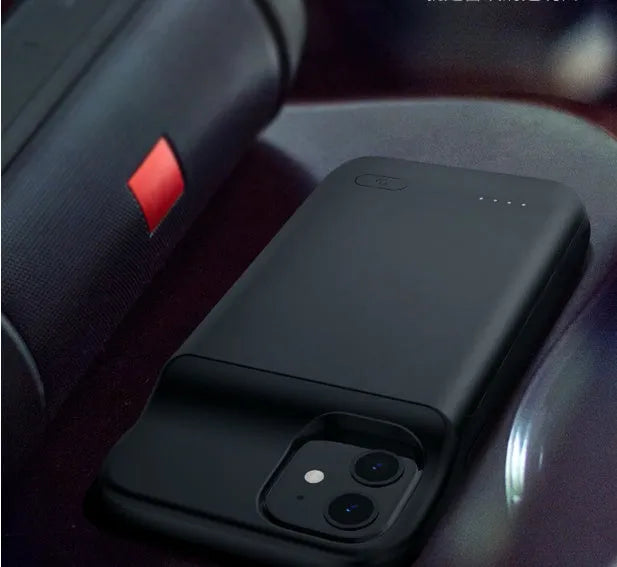 Black ultra-thin TPU soft bag wireless back clip battery for iPhone 12 shown from the side, highlighting its slim profile.