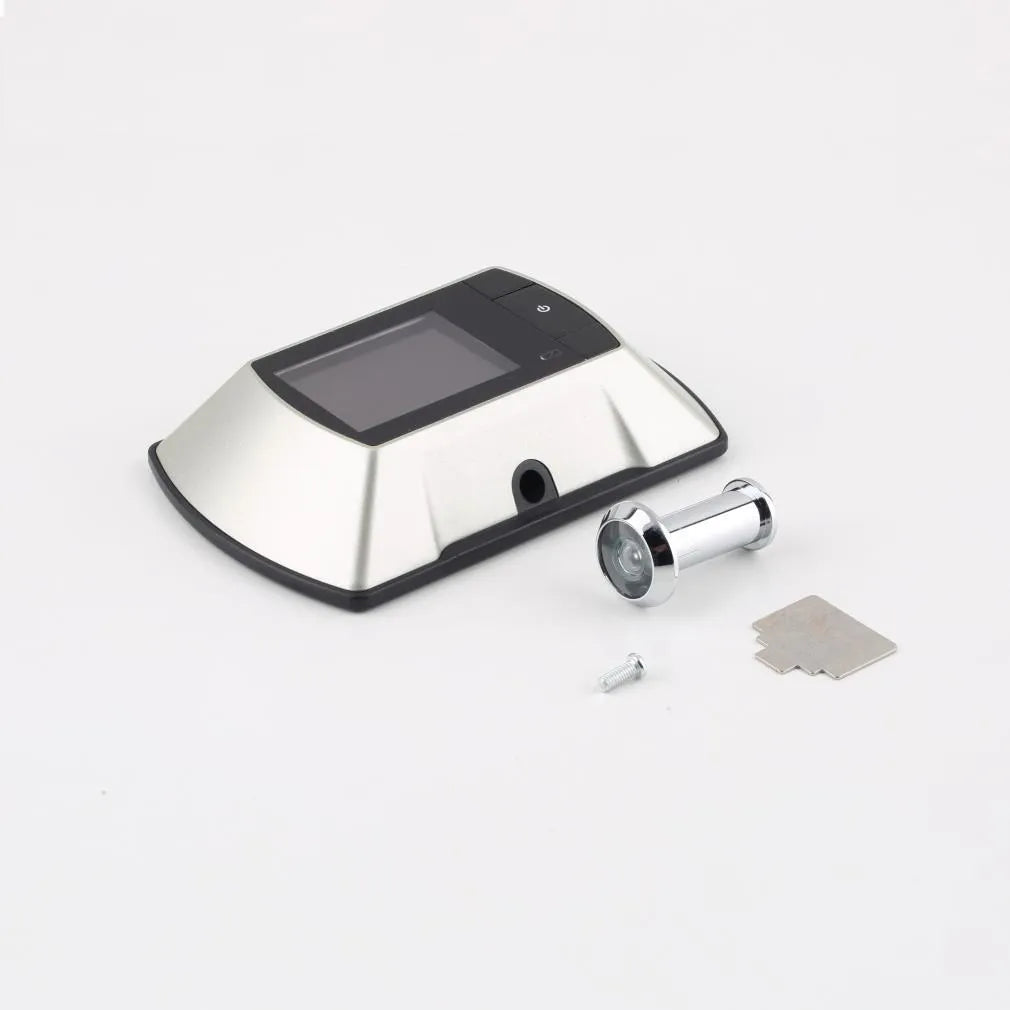 LCD wireless door peephole monitor kit with indoor screen, outdoor camera, and DIY installation tool.