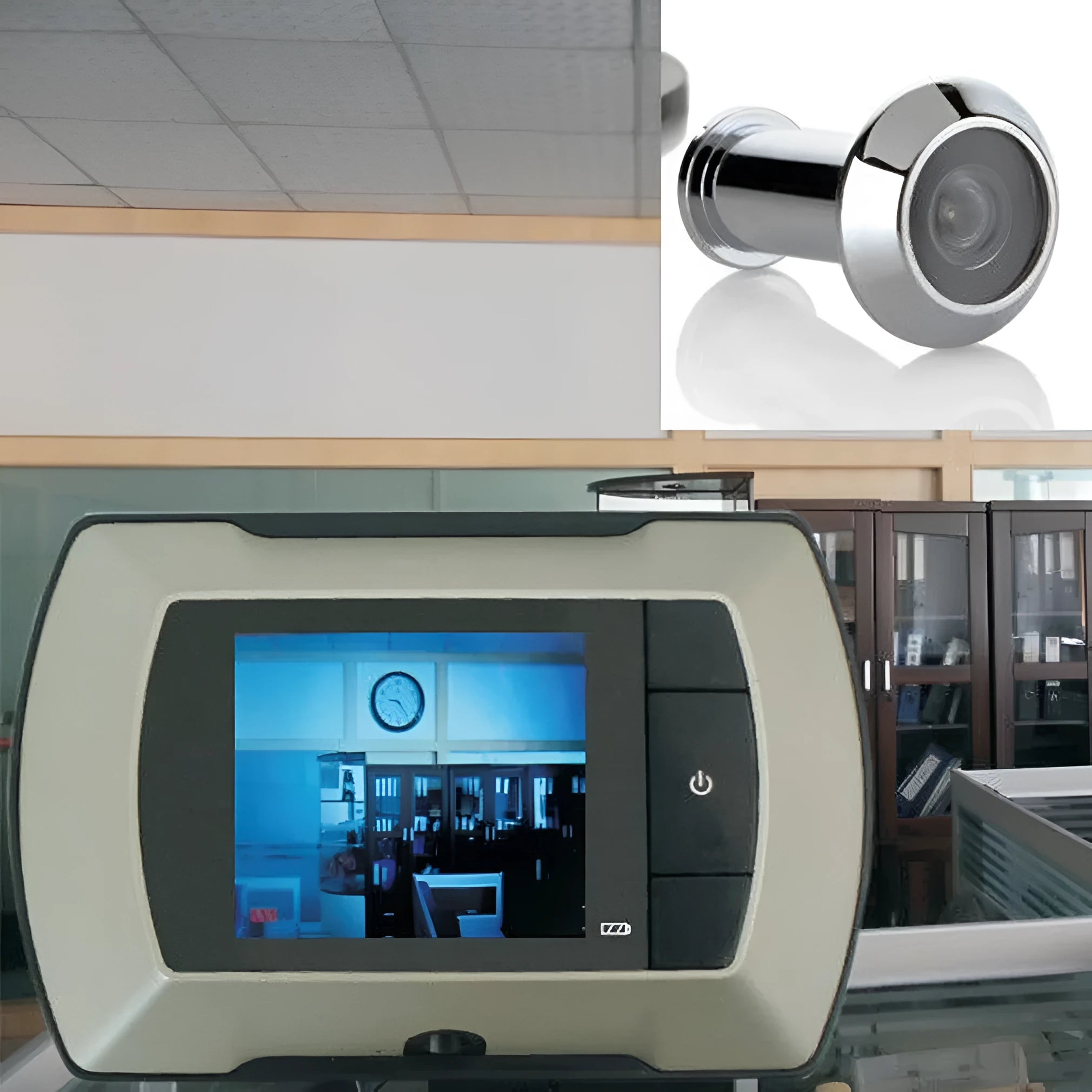 LCD wireless door peephole monitor kit with indoor screen, outdoor camera, and DIY installation tool.